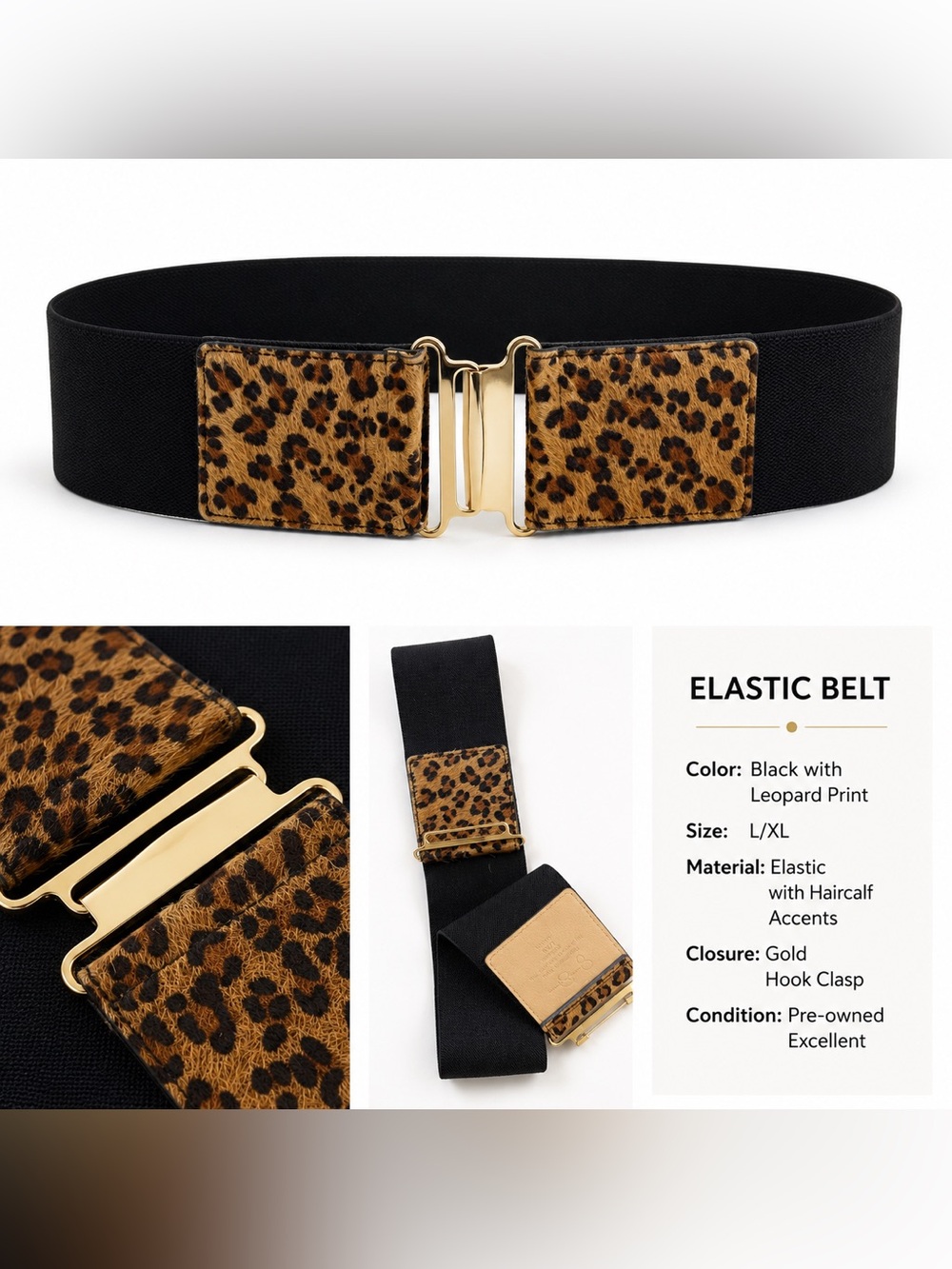 Jessica Simpson Leopard Haircalf Stretch Waist Belt L/XL Gold Clasp